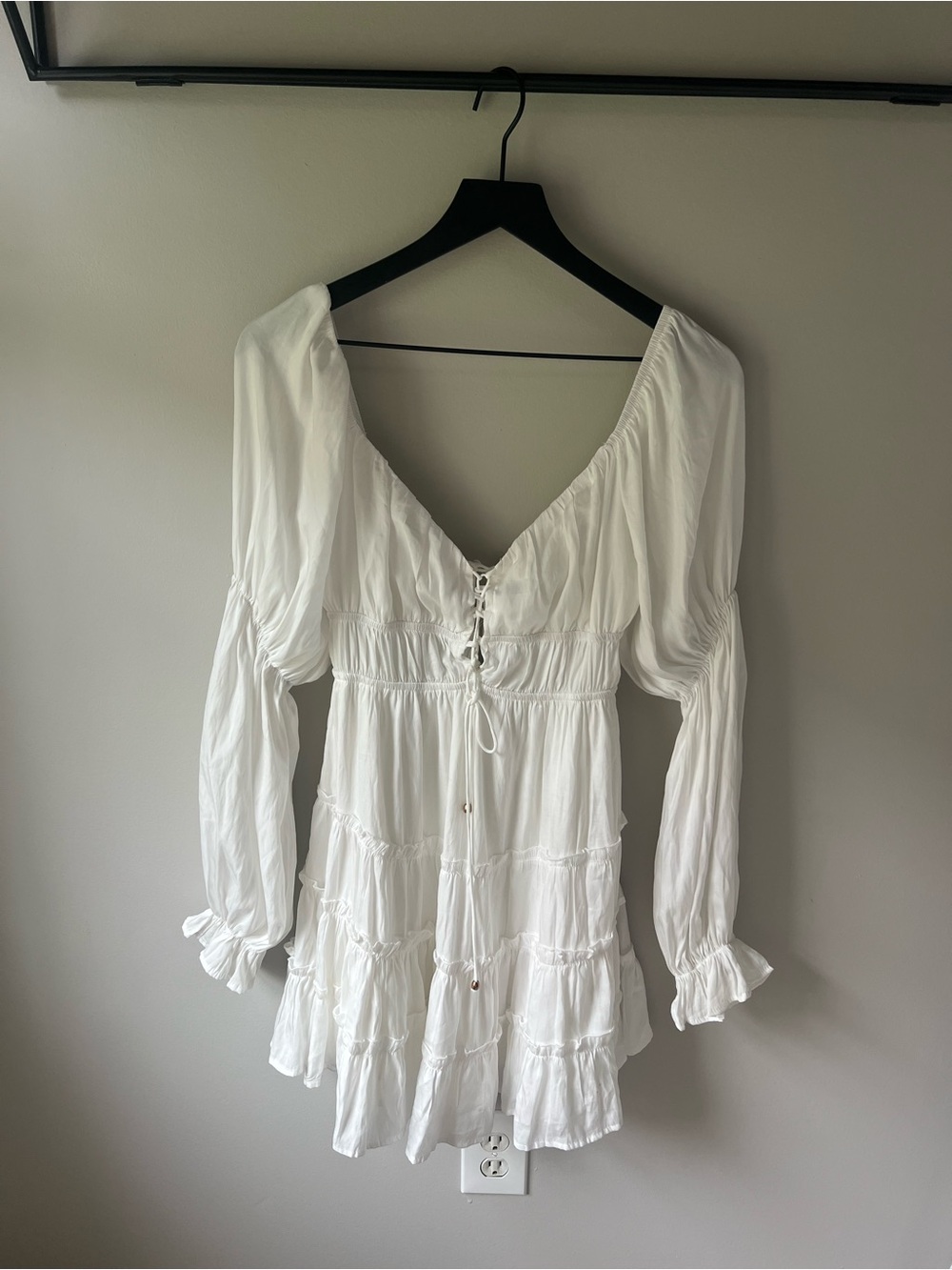 White Long-Sleeve Tiered Mini Dress with Lace-Up Front